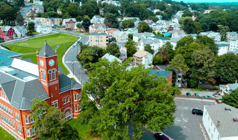 Aerial shot of Waterbury street with buildings and street